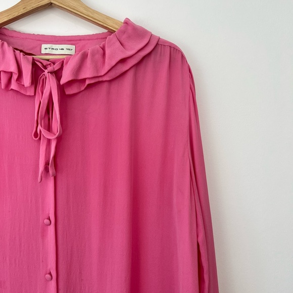 Etro Pink 100% Silk Ruffled Neckline Oversized Button Up Tie Blouse UK L - Picture 13 of 15